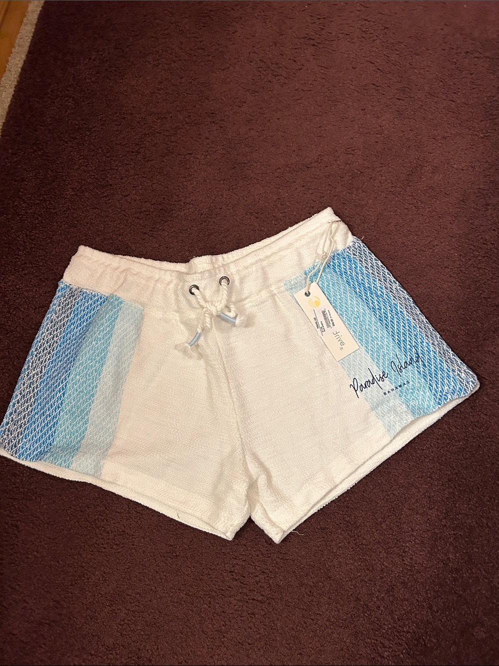 Ocean Drive White Terry Shorts with Blue Panel Accents